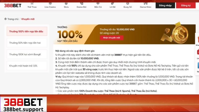 Khuyến mãi 388bet thưởng 100% lần nạp đầu tiên